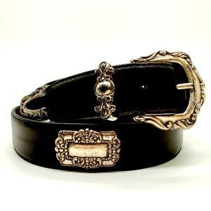 Vintage FOSSIL Black Leather Belt 31-35" Western Ornate Silver Buckle Tip Keeper